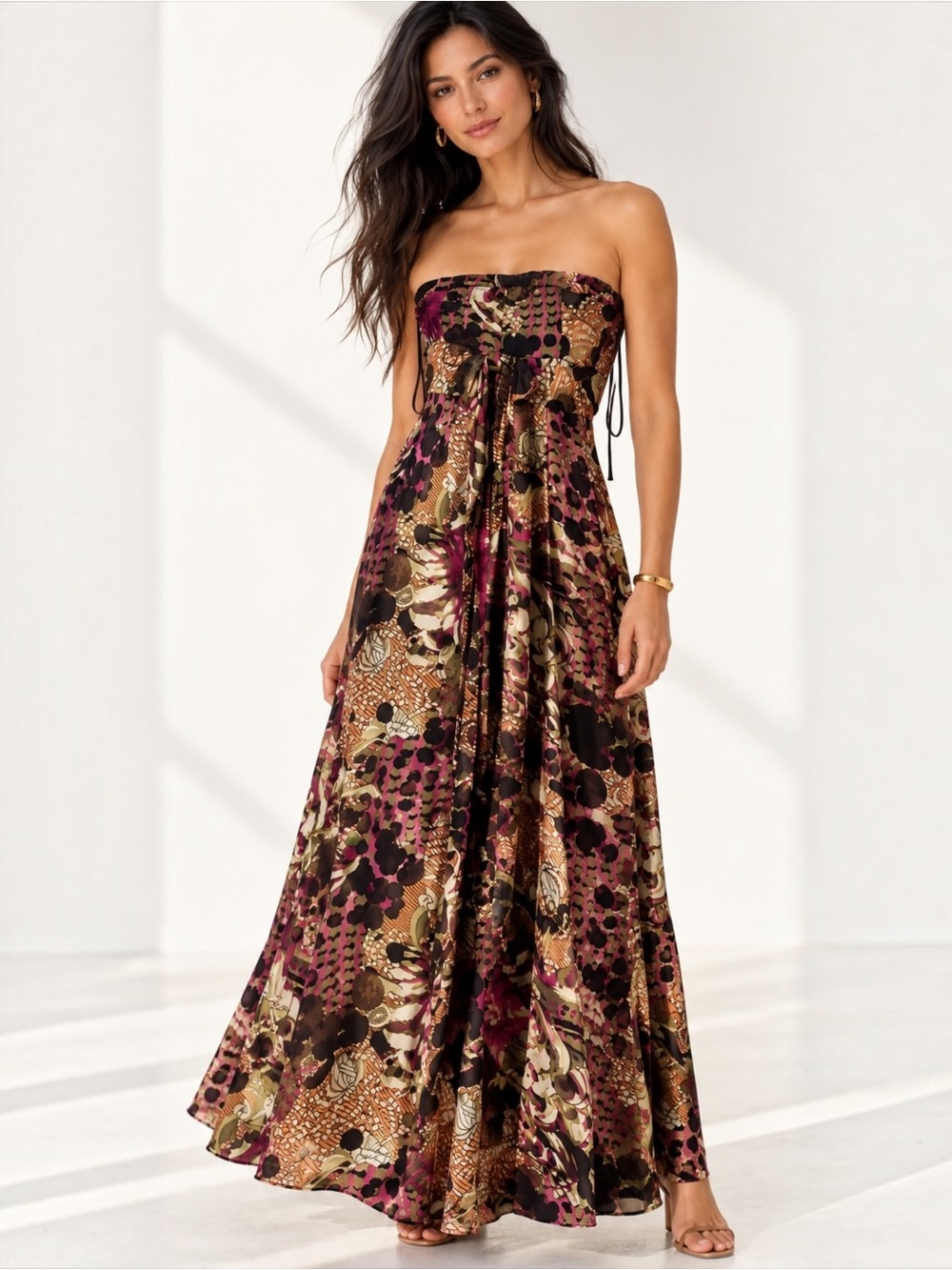 MYSE 100% Silk Strapless Maxi Dress Abstract Floral Tie Front Sz Medium